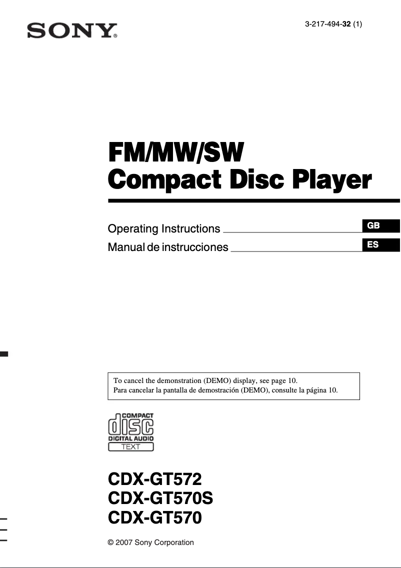 Imagen de la primera página del manual del dispositivo CDX-GT570S
