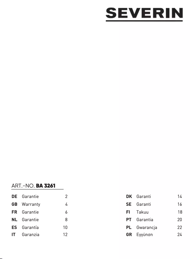 Page n°1 - Informations de garantie Severin BA 3261