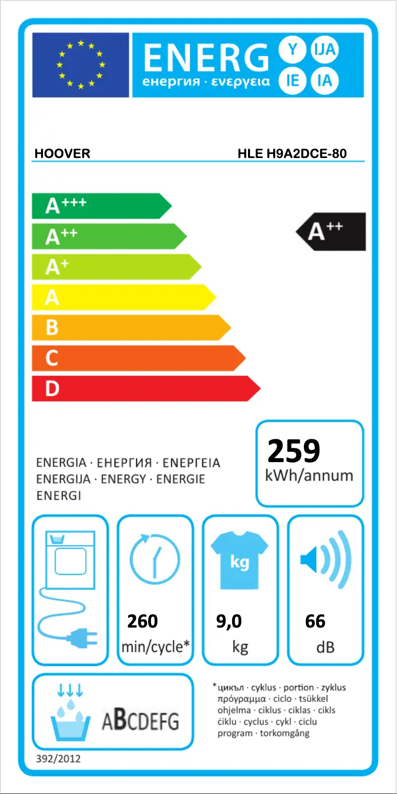 Page 1 of the manual Energy Label Hoover HLE H9A2DCE-80