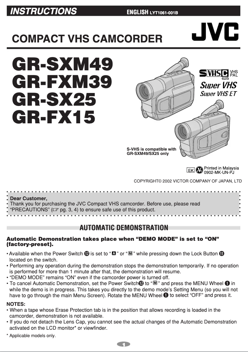 Page 1 de la notice Manuel utilisateur JVC GR-SX25