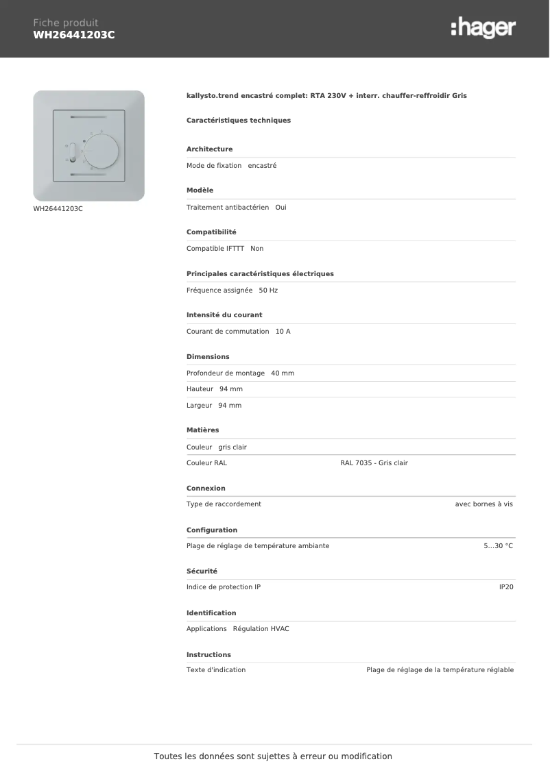 Page 1 de la notice Fiche technique Hager WH26441203C