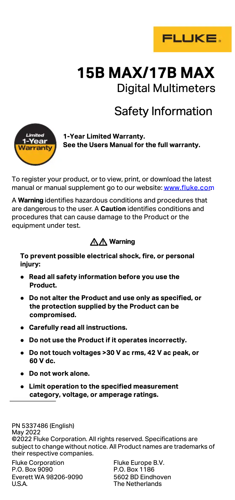 Page 1 de la notice Instructions de sécurité Fluke 17B MAX