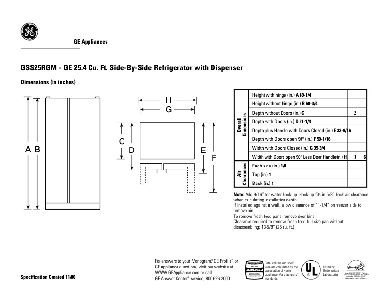 Page n°1 - Fiche technique GE GSS25RGMWW