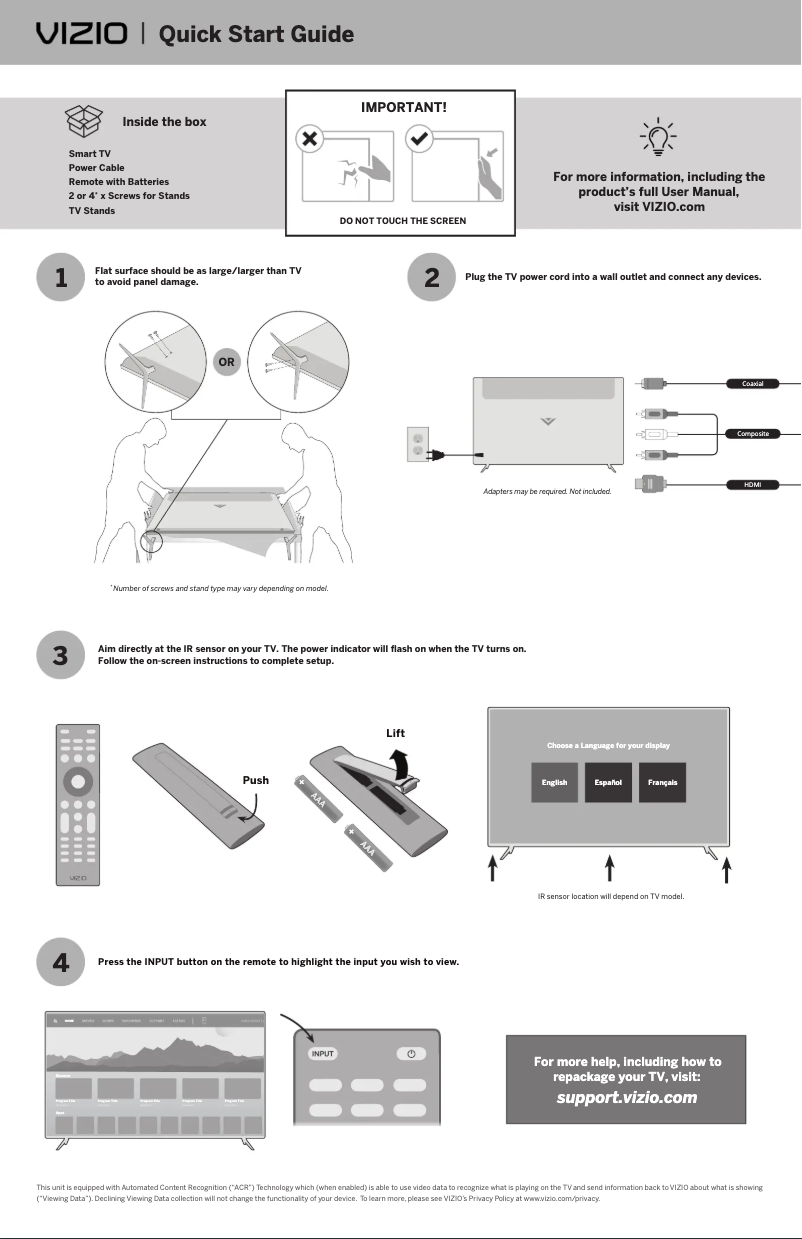 Page 1 de la notice Guide de démarrage rapide VIZIO M706x-H3