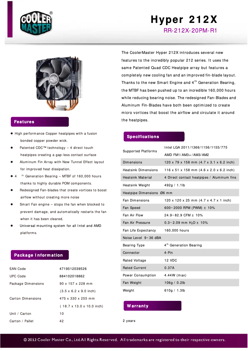 Page 1 de la notice Fiche technique Cooler Master Hyper 212X