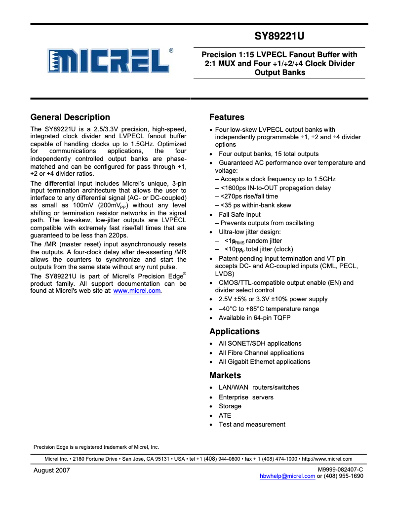 Image de la première page du manuel de l'appareil SY89221U