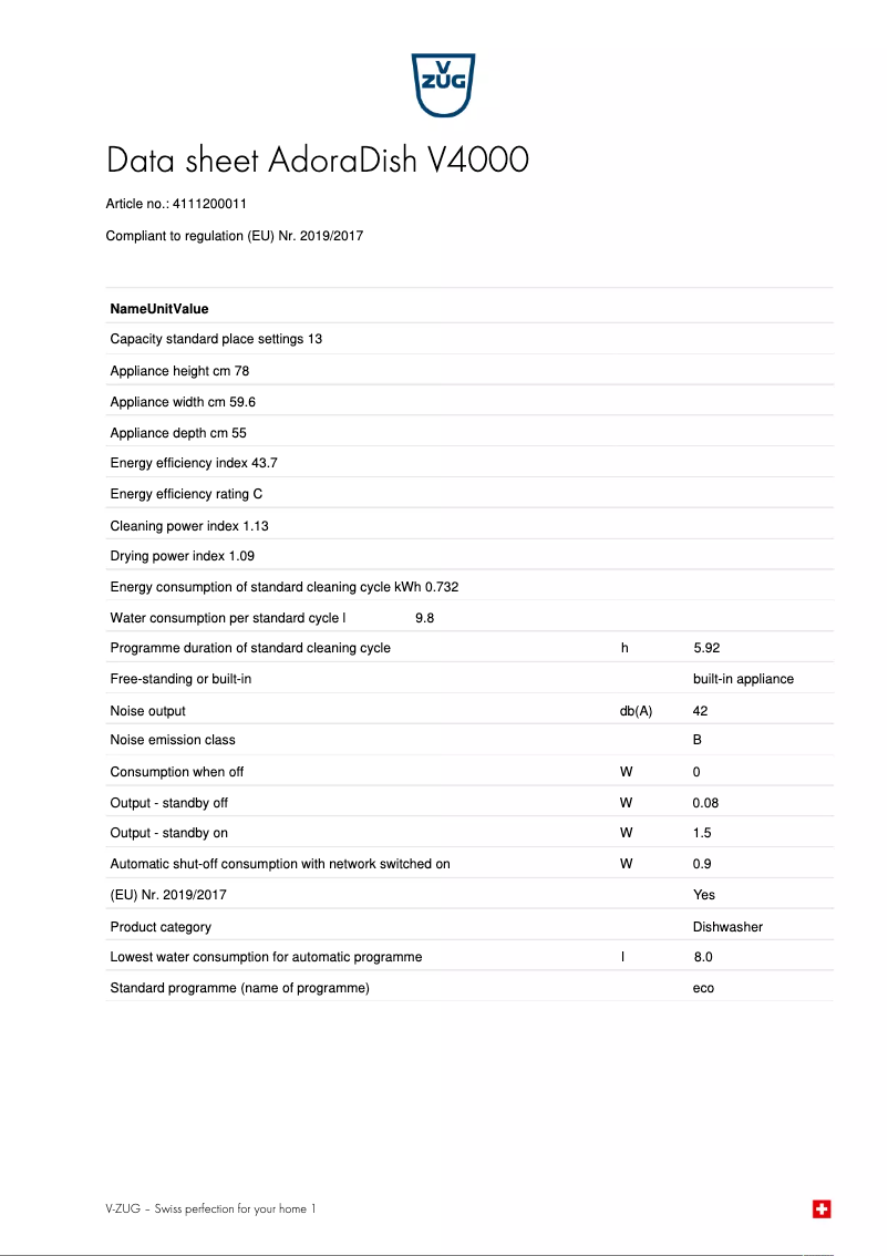 Page n°1 - Fiche technique V-Zug AdoraDish V4000