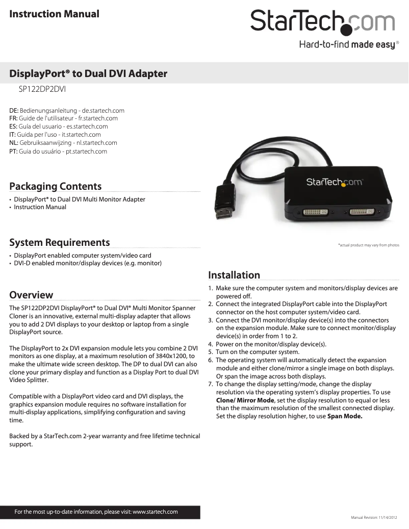 Page n°1 - Manuel utilisateur StarTech.com SP122DP2DVI