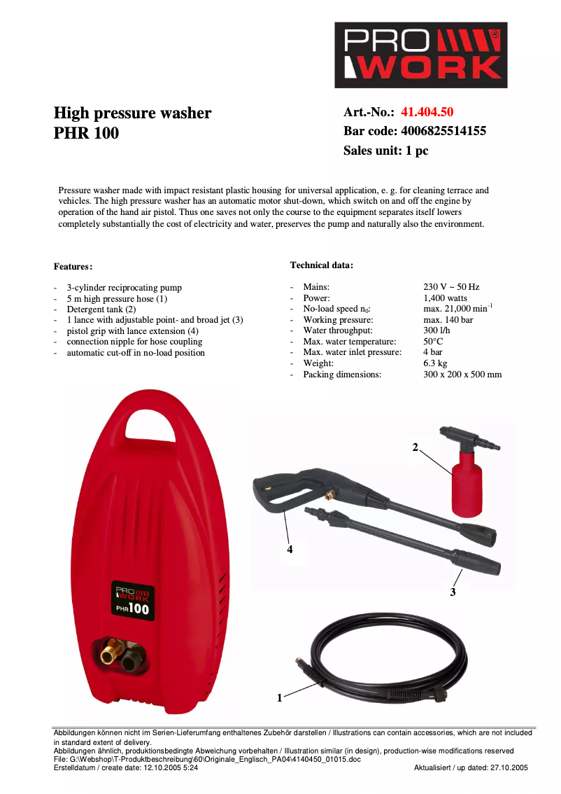 Page n°1 - Manuel utilisateur Prowork PHR 100