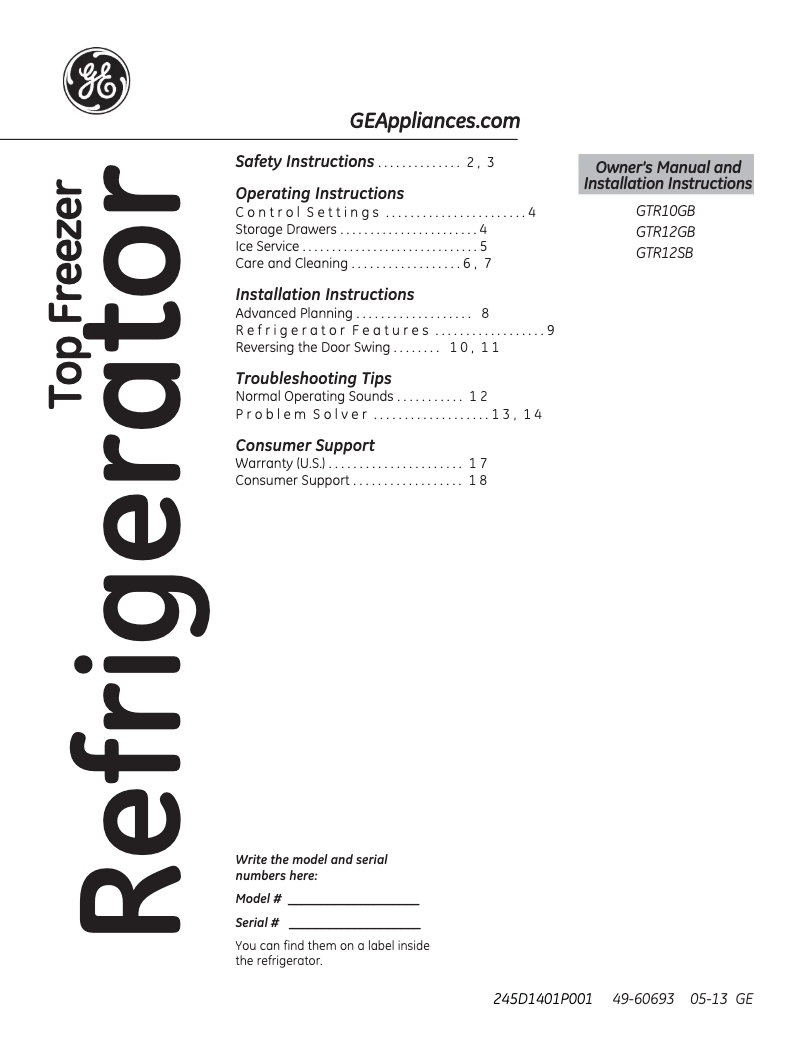 Page 1 de la notice Guide d'installation GE GTR12GBEWW