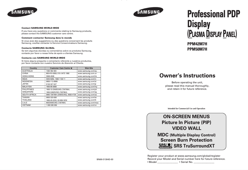 Page n°1 - Manuel utilisateur Samsung PPM50M7H