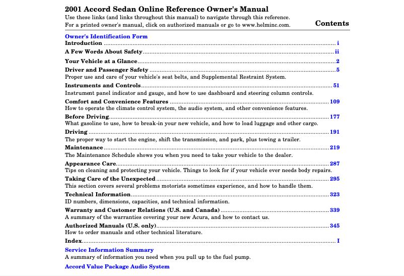 Page 1 de la notice Manuel utilisateur Honda Accord Coupe (2001)