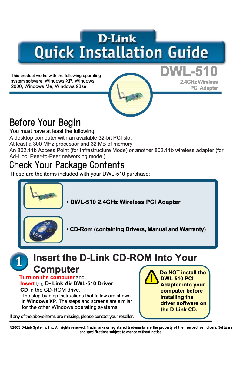 Page n°1 - Guide d'installation D-Link Air DWL-510