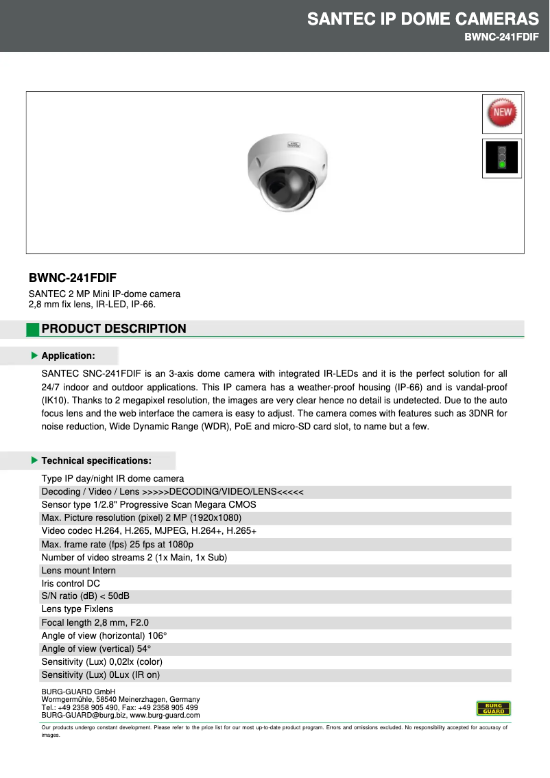 Page 1 de la notice Fiche technique Burg Wächter BWNC-241FDIF