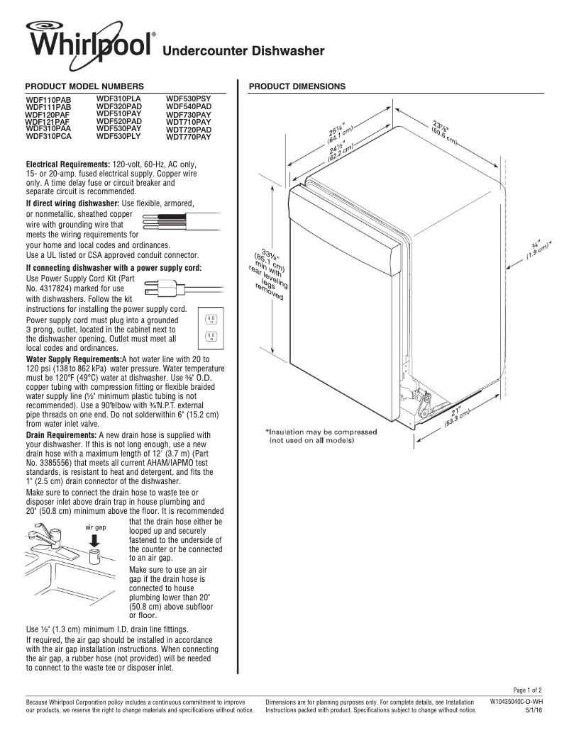 Page 1 de la notice Fiche technique Whirlpool WDF540PAD