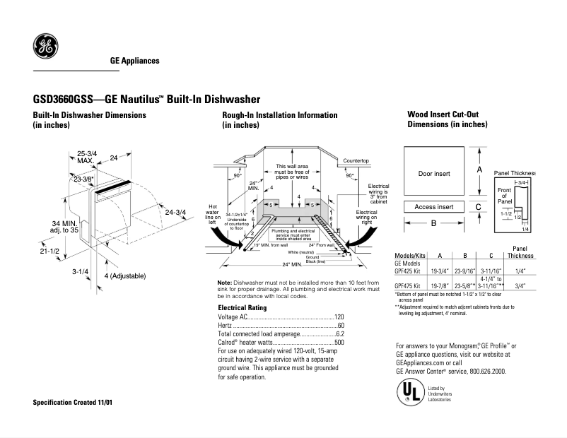 Page 1 de la notice Fiche technique GE GSD3660GSS