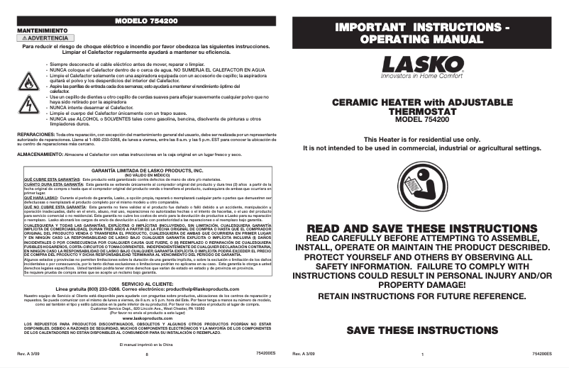 Page 1 de la notice Manuel utilisateur Lasko 754200
