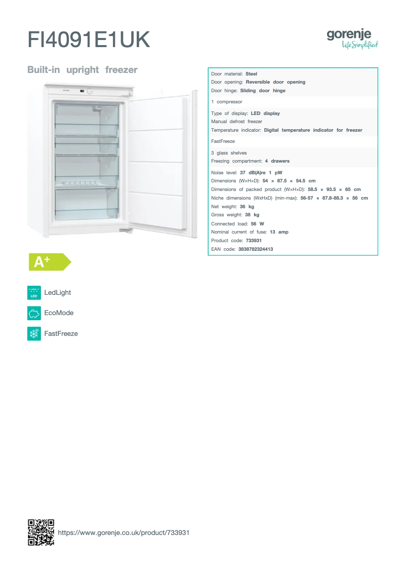 Page n°1 - Fiche technique Gorenje FI4091E1UK