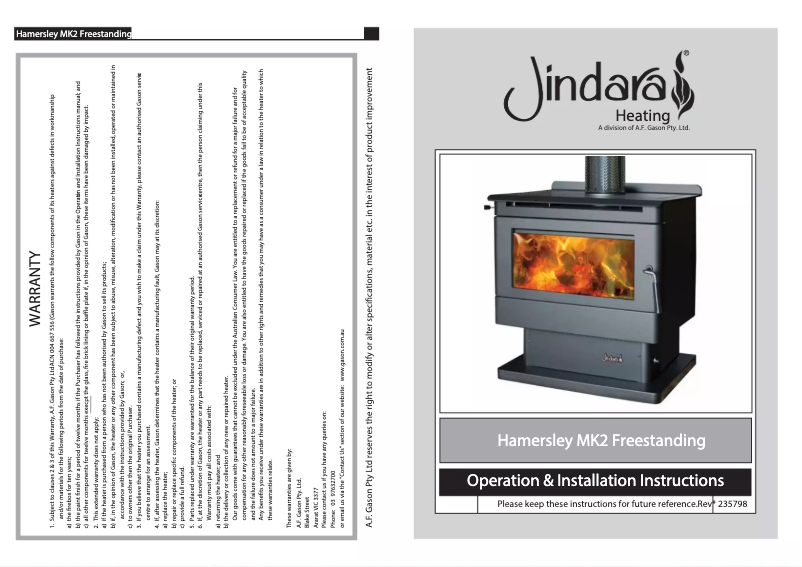 Page 1 de la notice Manuel utilisateur Jindara Hamersley MK2 Freestanding