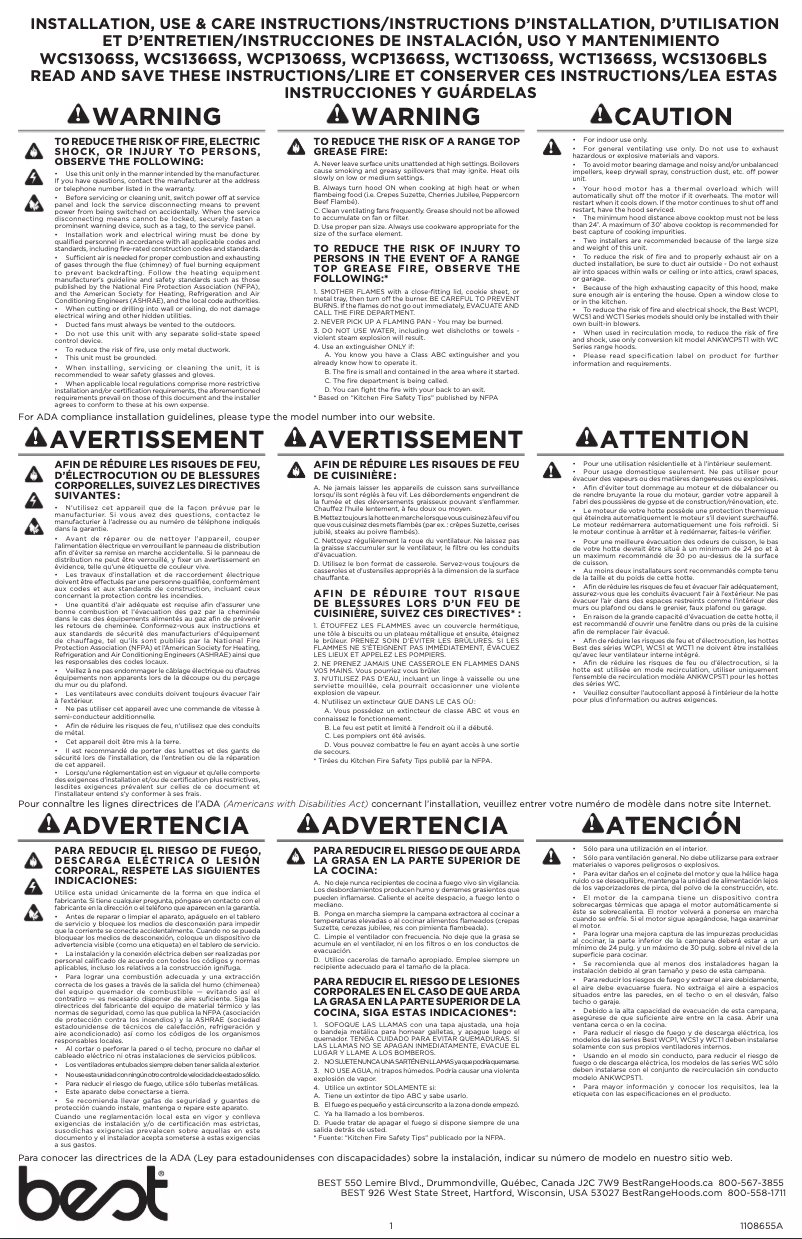 Page 1 de la notice Guide d'installation Best WCP1306SS