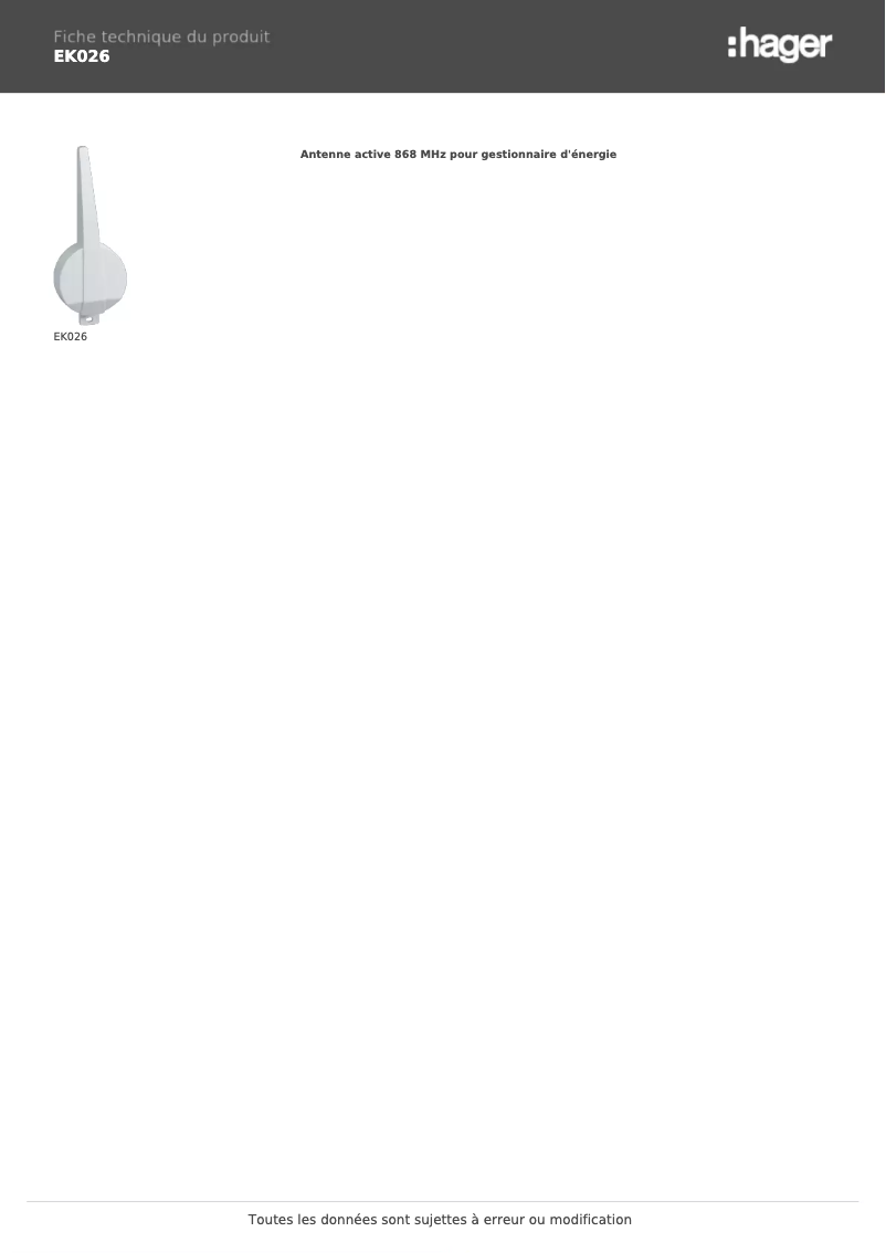 Page 1 de la notice Fiche technique Hager EK026