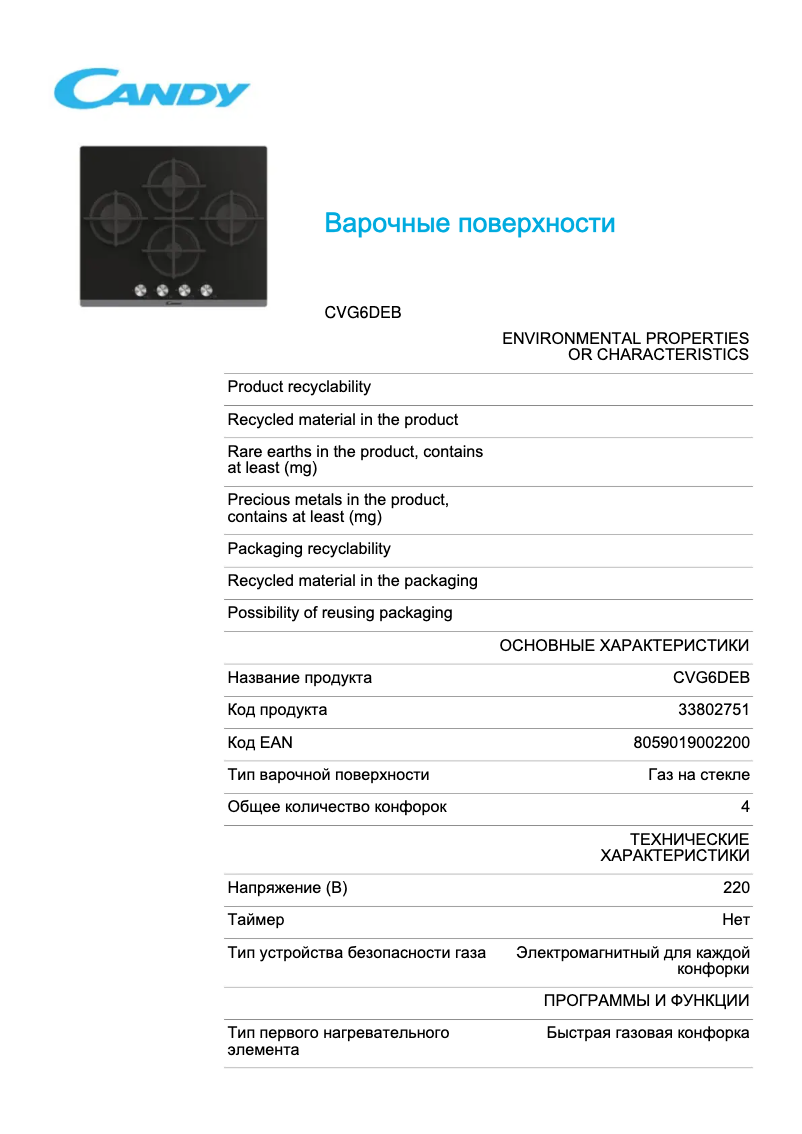 Page 1 de la notice Fiche technique Candy CVG6DEB