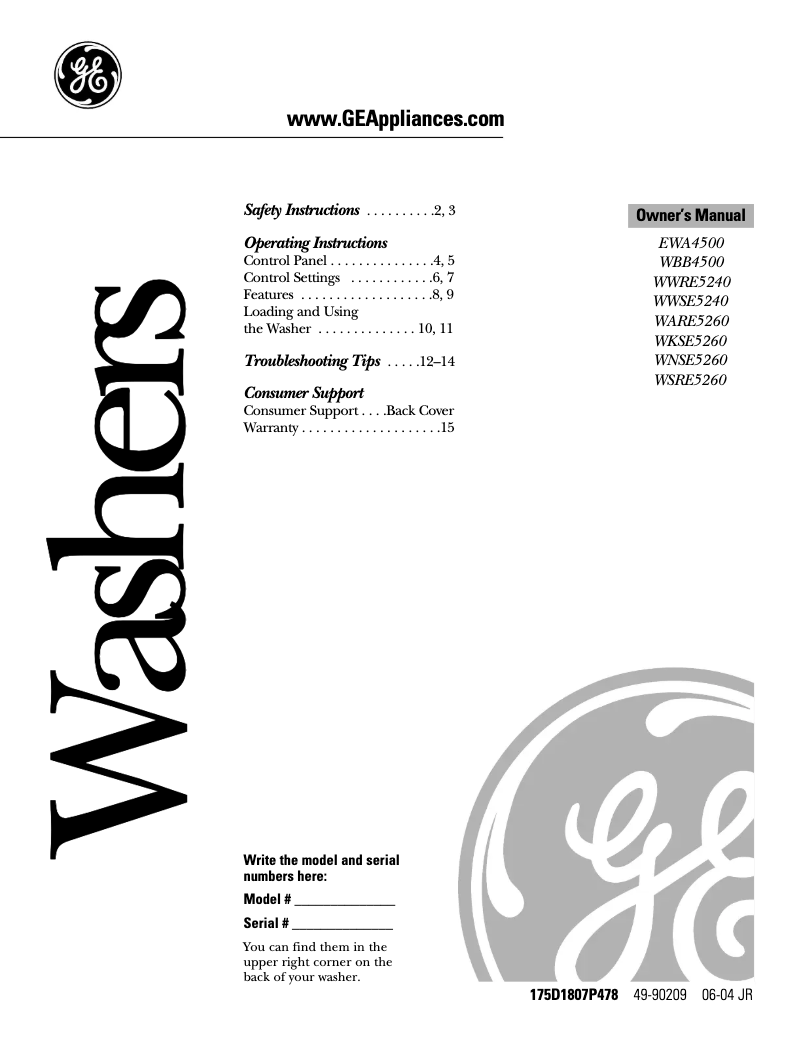 Image de la première page du manuel de l'appareil WNSE5260DWW