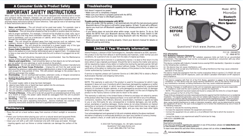 Page n°1 - Manuel utilisateur iHome iBT55