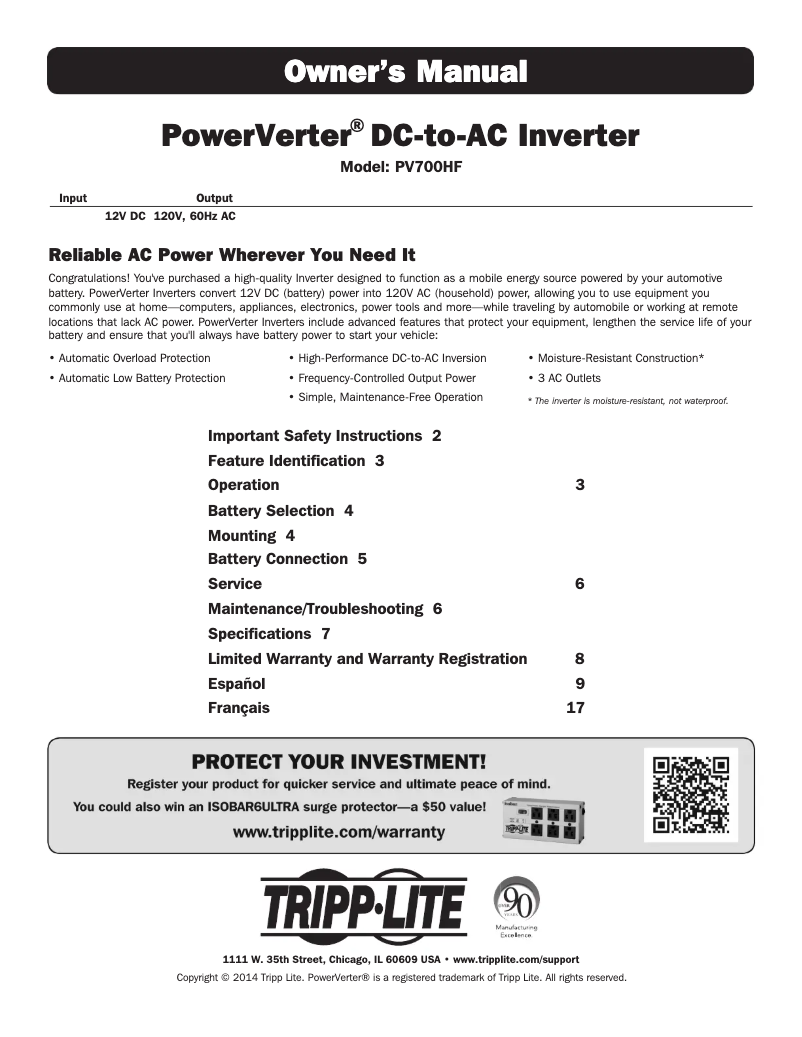 Page 1 de la notice Manuel utilisateur Tripp Lite PowerVerter PV700HF