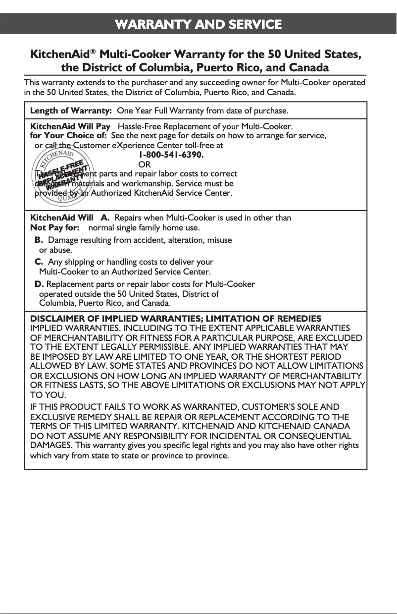 Page 1 de la notice Informations de garantie KitchenAid KMC4244CA