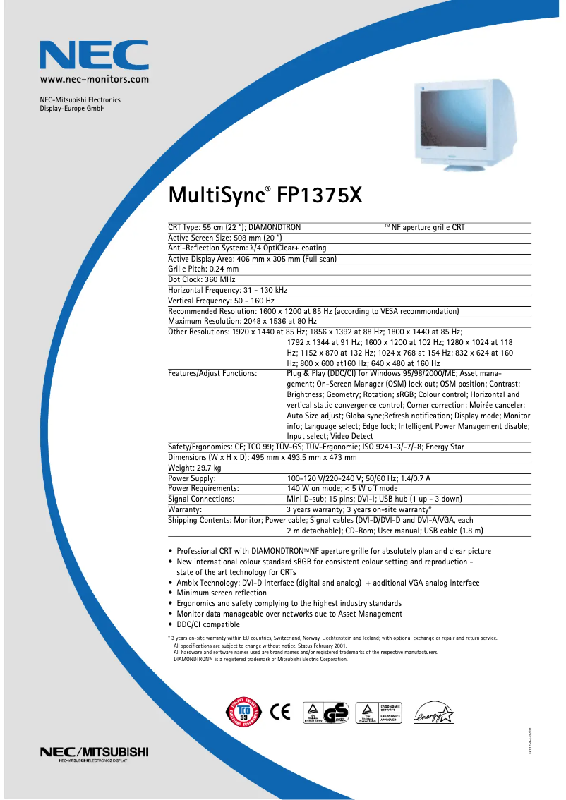 Página 1 del manual Ficha técnica NEC MultiSync FP1375X