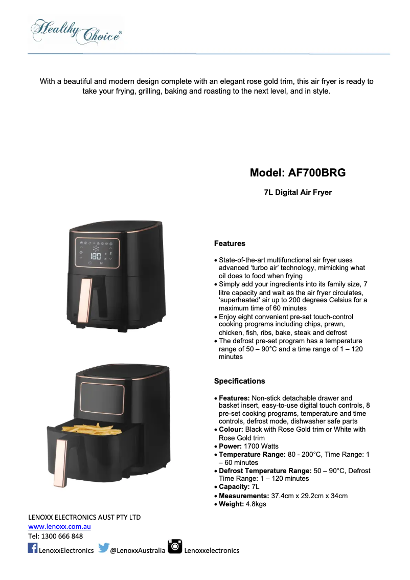 Page 1 de la notice Manuel utilisateur Lenoxx Healthy Choice AF700WRG