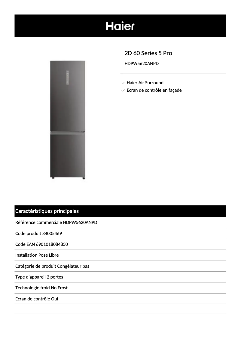 Page n°1 - Fiche technique Haier HDPW5620ANPD