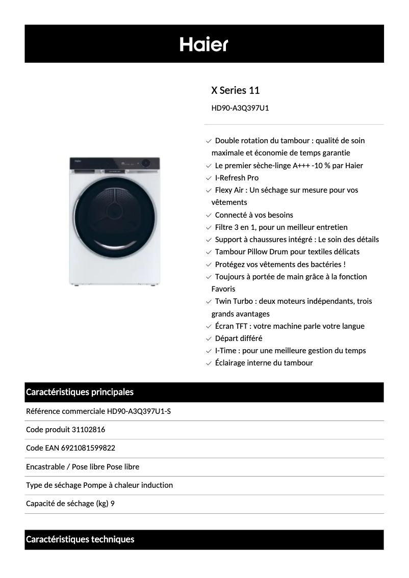 Page 1 de la notice Fiche technique Haier HD90-A3Q397U1