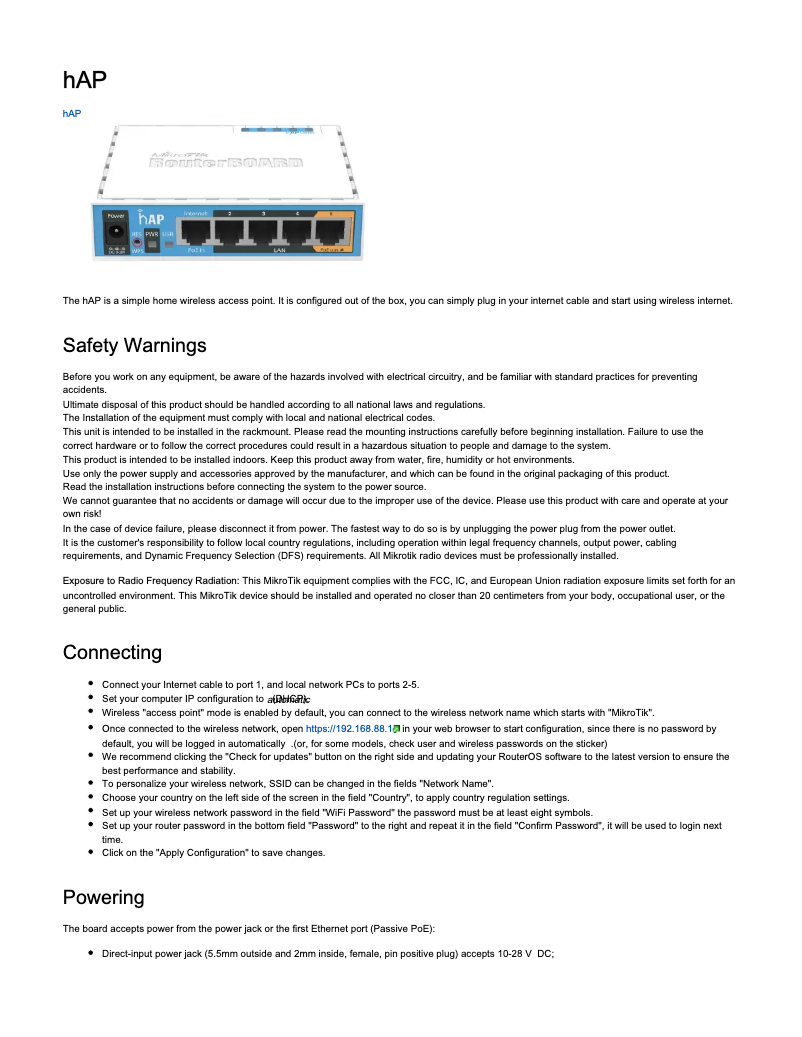 Page 1 de la notice Manuel utilisateur Mikrotik hAP