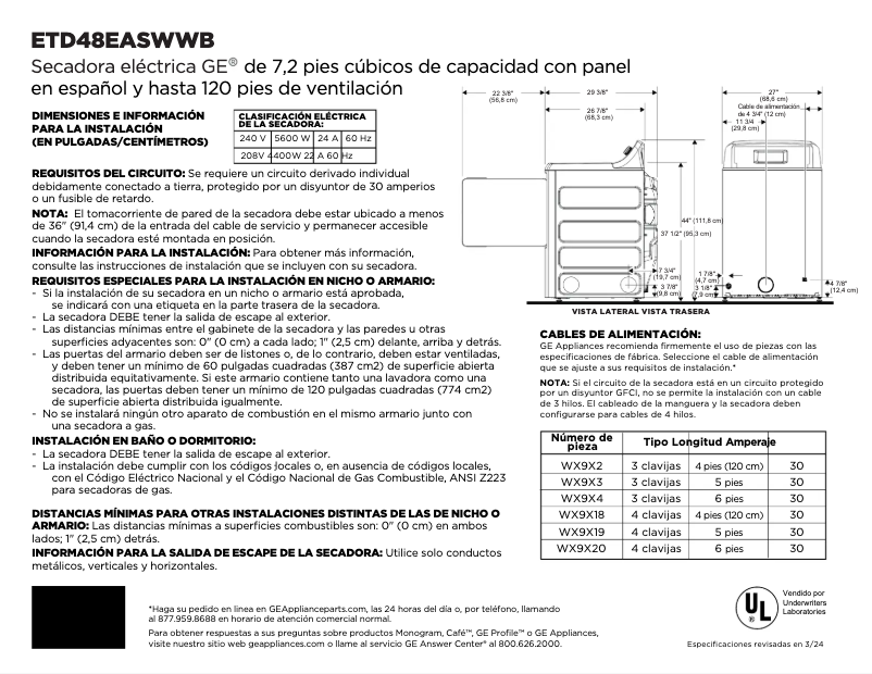 Page 1 de la notice Fiche technique GE ETD48EASWWB