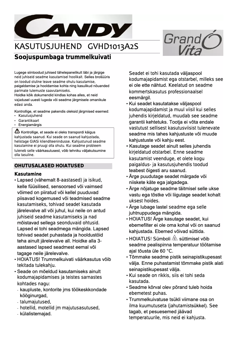 Page 1 de la notice Manuel utilisateur Candy GVH D813A2-S