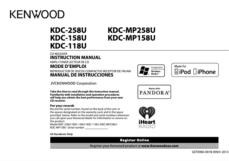 Page n°1 - Manuel utilisateur Kenwood KDC-258U