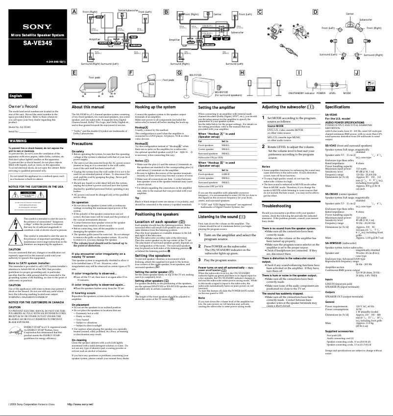 Page n°1 - Manuel utilisateur Sony SA-VE345