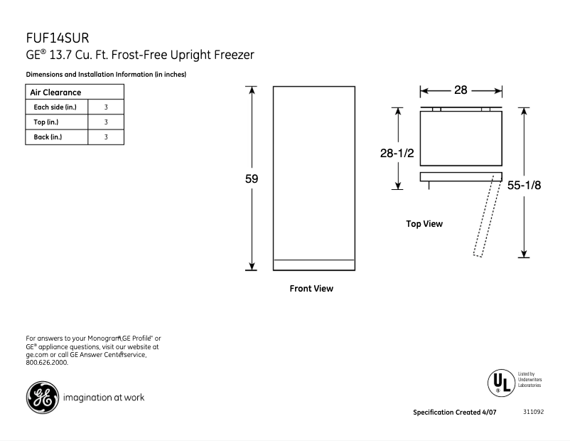 Page n°1 - Fiche technique GE FUF14SURWW