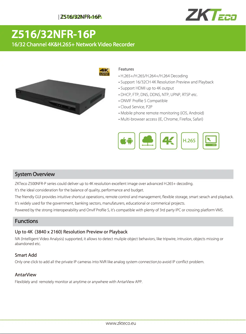 Page 1 de la notice Fiche technique ZKTeco Z516