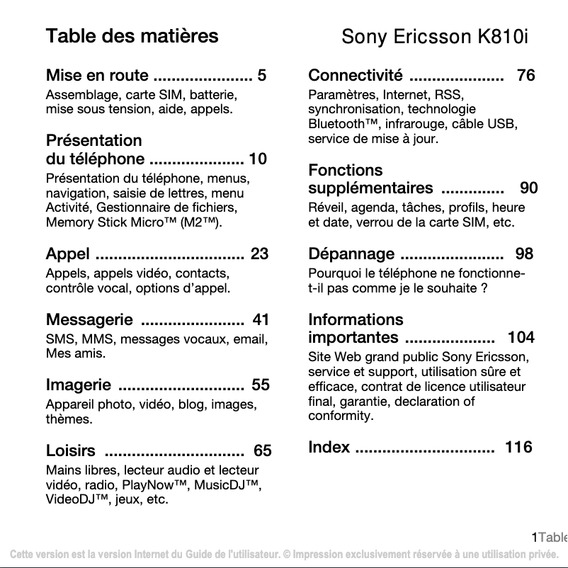 Page 1 de la notice Manuel utilisateur Sony Ericsson K810i