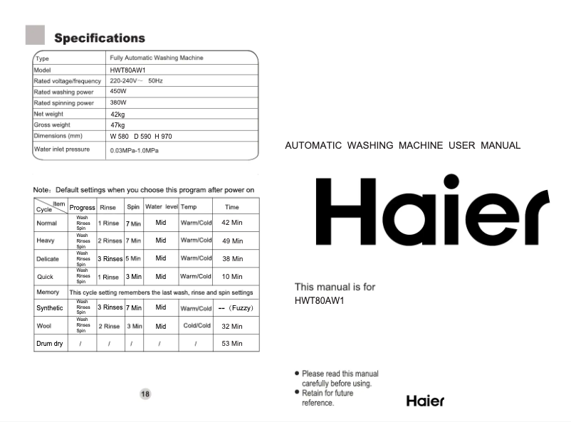 Image de la première page du manuel de l'appareil HWT80AW1