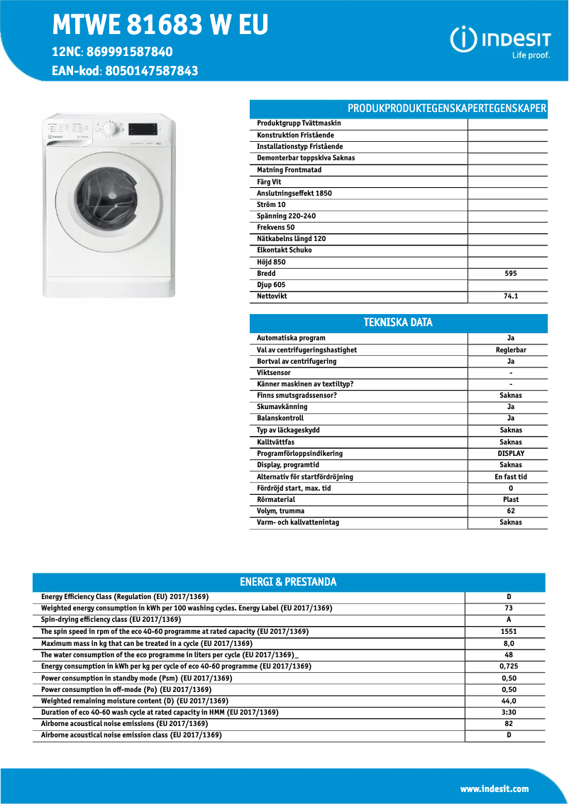 Page 1 de la notice Fiche technique Indesit MTWE 81683 W EU