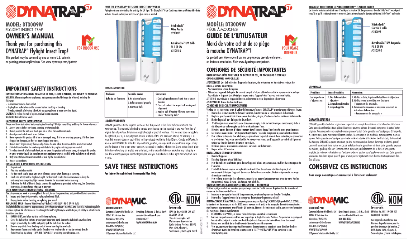 Page 1 de la notice Manuel utilisateur Dynatrap DT3009W