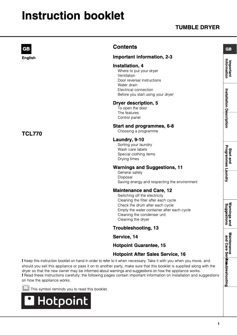 Page n°1 - Manuel utilisateur Hotpoint TCL770G