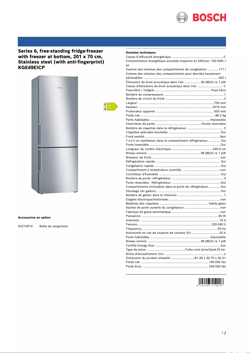 Page n°1 - Fiche technique Bosch KGE49EICP