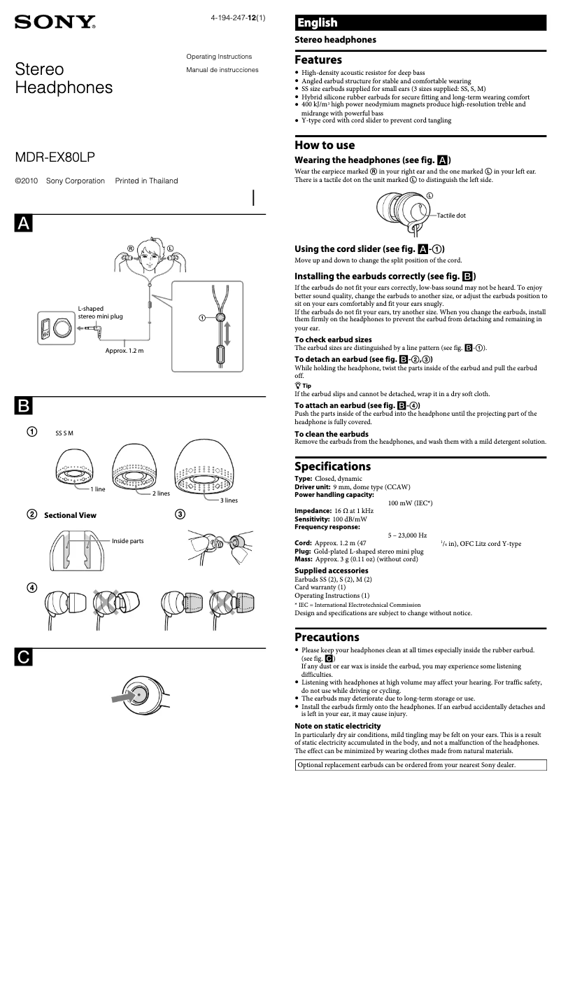 Image de la première page du manuel de l'appareil MDR-EX80LP