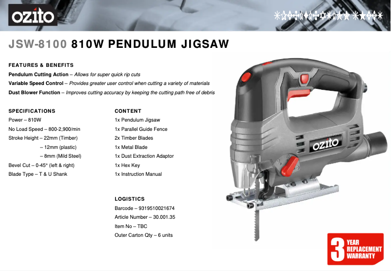 Page 1 de la notice Fiche technique Ozito JSW-8100