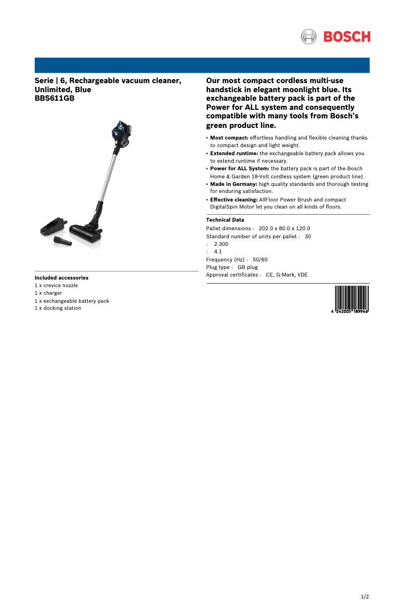 Página 1 del manual Ficha técnica Bosch BBS611GB